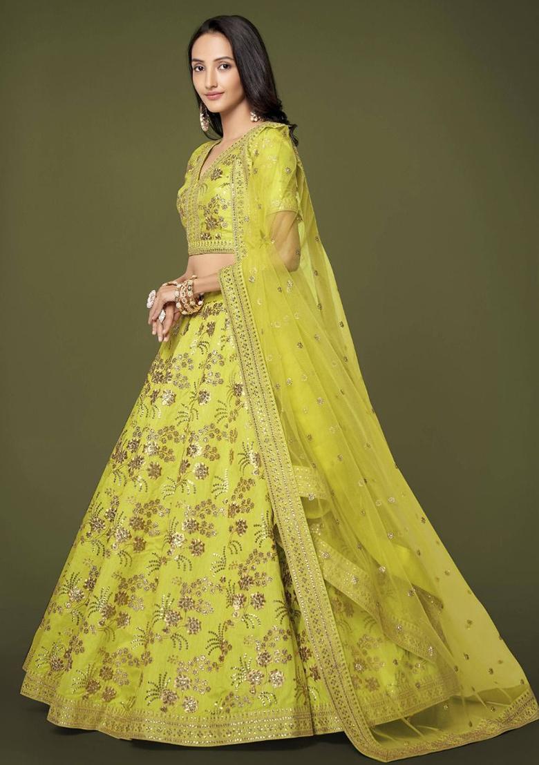 Green Sequin Embroidered Poly Blend Lehenga Set