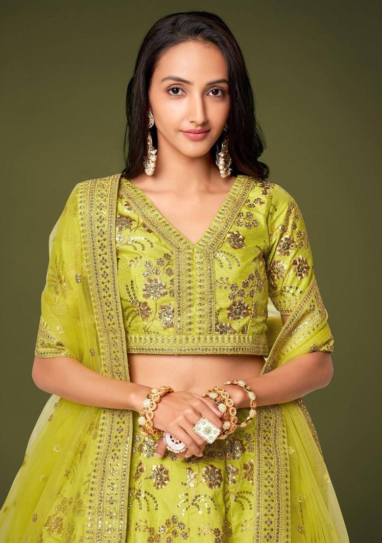 Green Sequin Embroidered Poly Blend Lehenga Set