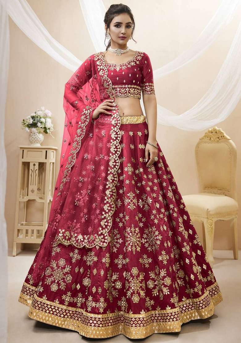 Red Blend Art Silk Lehenga Set with Zari Work for Diwali | Wedding & Festive Wear - Indya