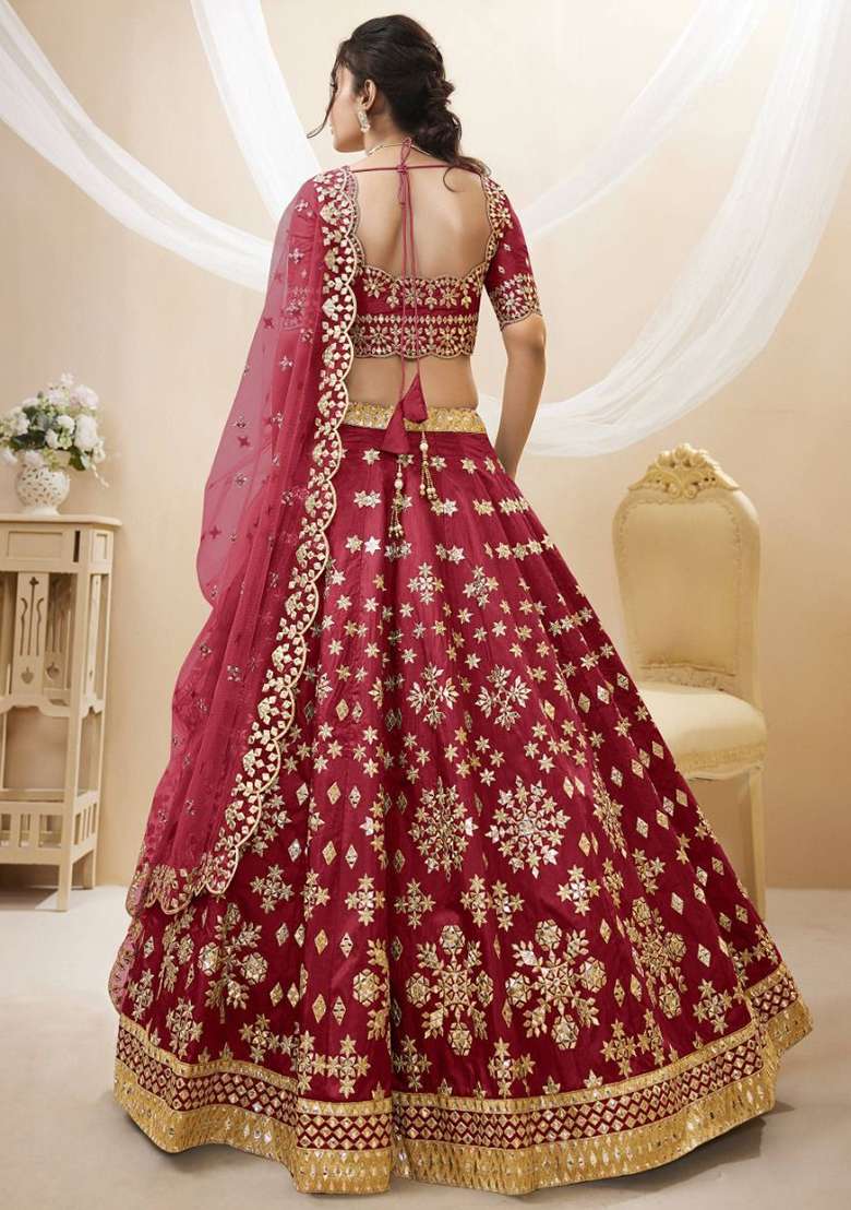 Red Blend Art Silk Lehenga Set with Zari Work for Diwali | Wedding & Festive Wear - Indya