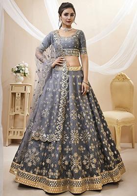 Grey Embroidered Art Silk Lehenga Set