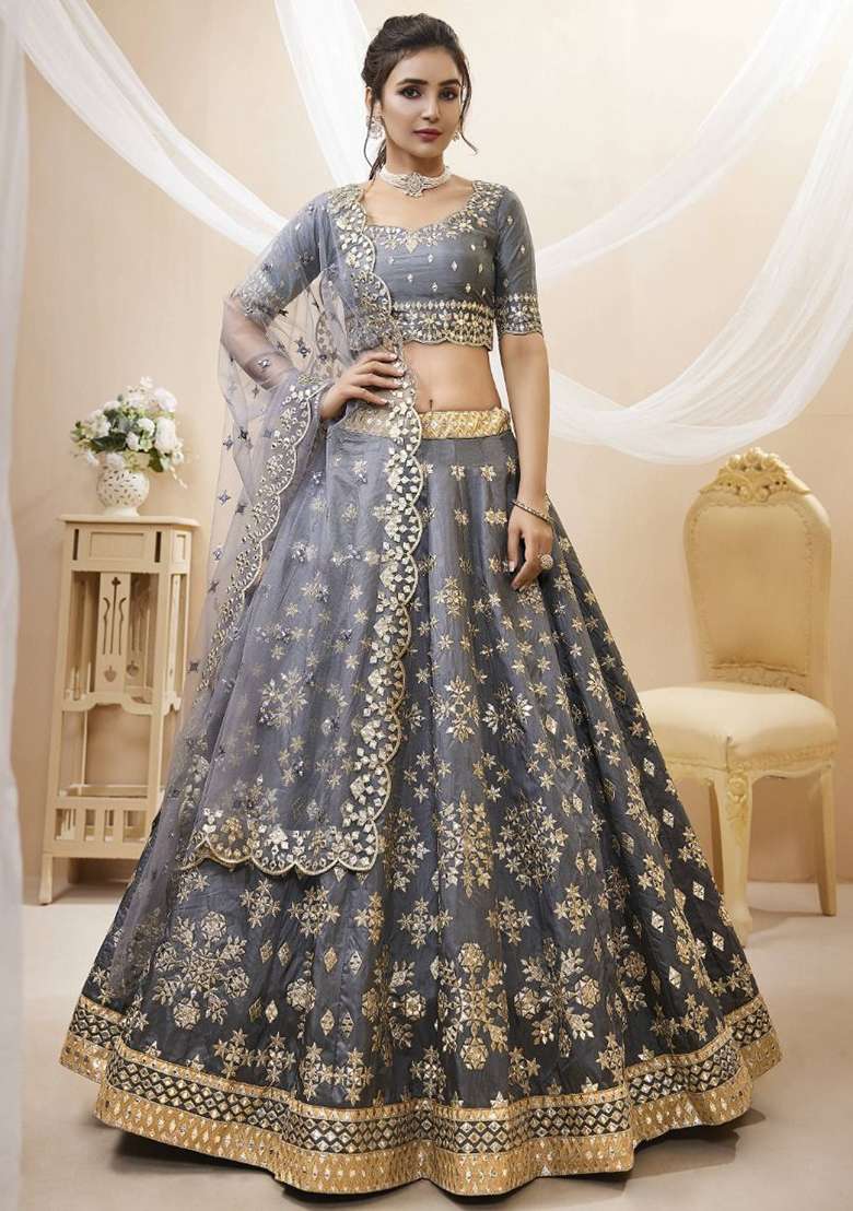 Grey Embroidered Art Silk Blend Lehenga Set for Diwali and Festive Wear - Indya