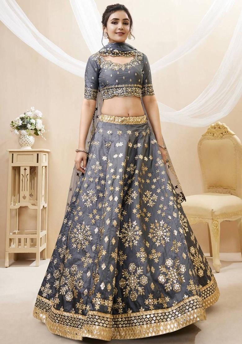 Grey Embroidered Art Silk Lehenga Set
