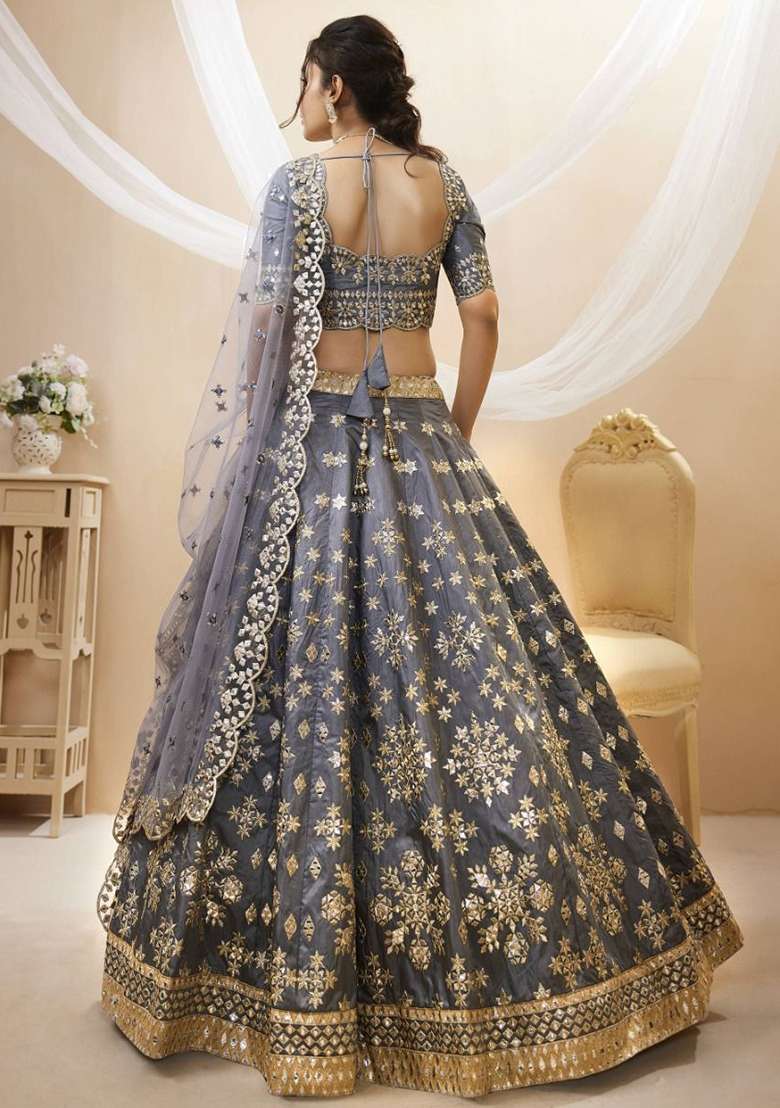 Grey Embroidered Art Silk Blend Lehenga Set for Diwali and Festive Wear - Indya