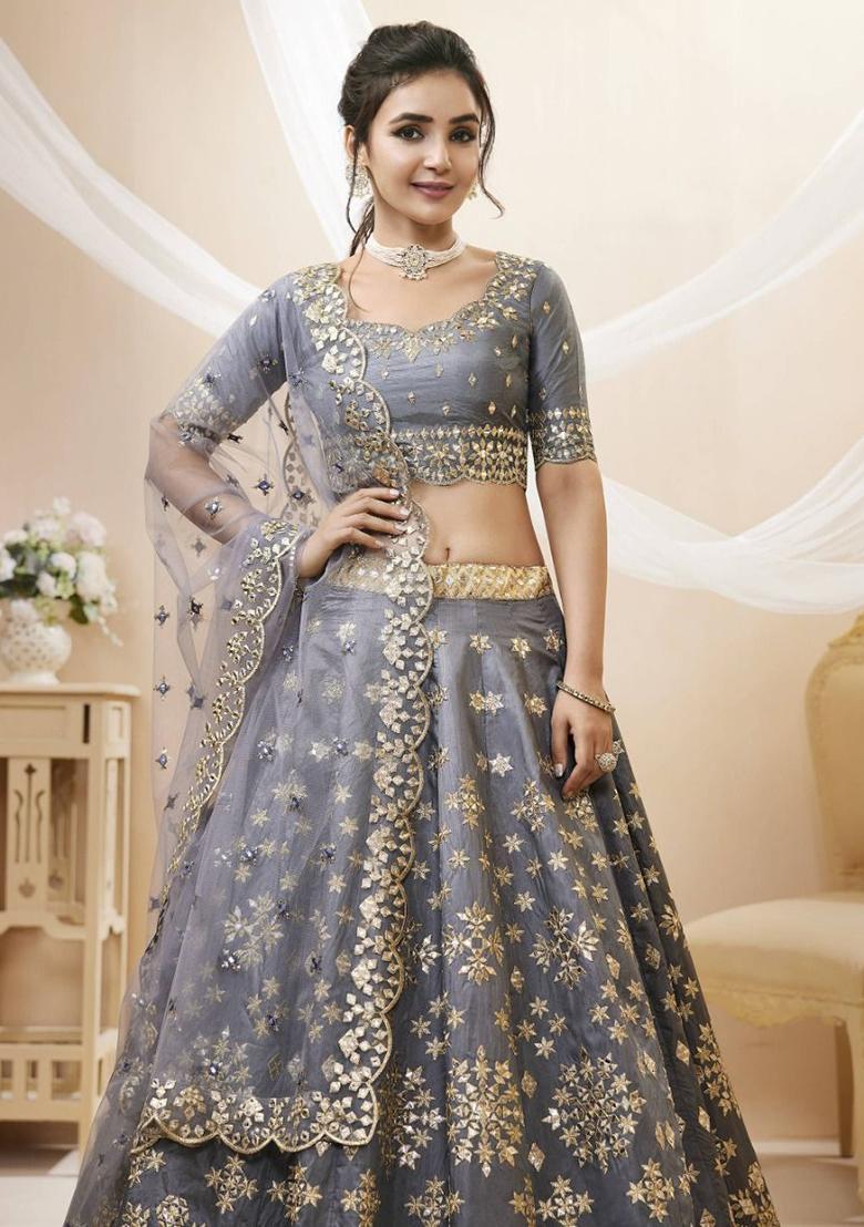 Grey Embroidered Art Silk Lehenga Set