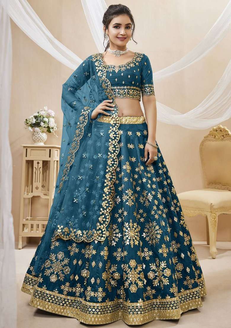 Blue Zari Work Art Silk Blend Lehenga Set for Diwali and Festive Wear - Indya