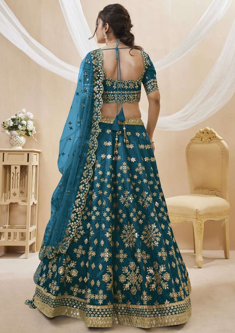Blue Zari Work Art Silk Blend Lehenga Set for Diwali and Festive Wear - Indya