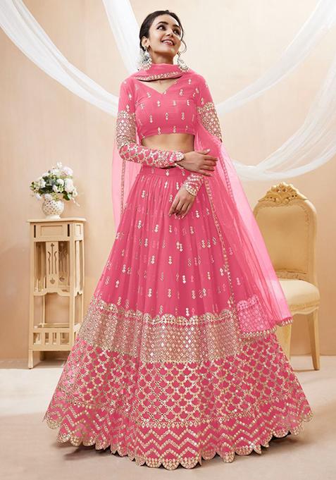 Pink Sequin Embroidered Georgette Lehenga Set