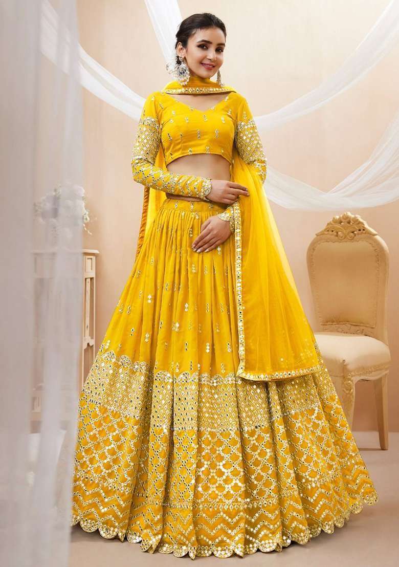 Yellow Embroidered Georgette Lehenga Set for Diwali and Festive Wear - Indya
