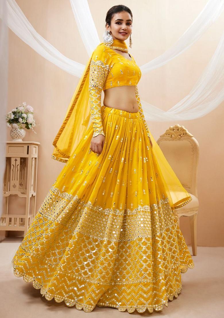 Yellow Embroidered Georgette Lehenga Set