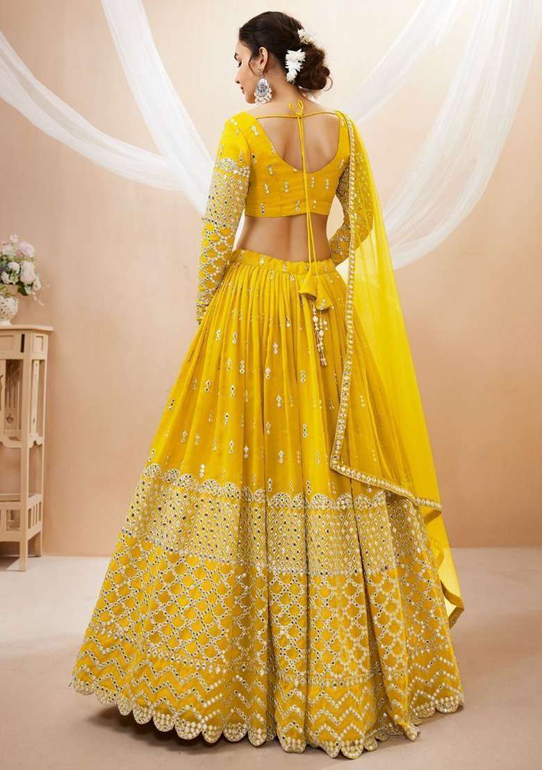 Yellow Embroidered Georgette Lehenga Set for Diwali and Festive Wear - Indya