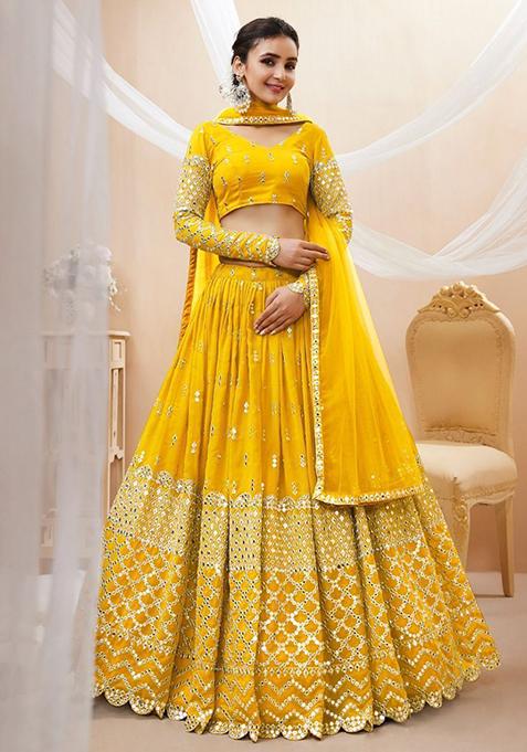 Yellow Embroidered Georgette Lehenga Set