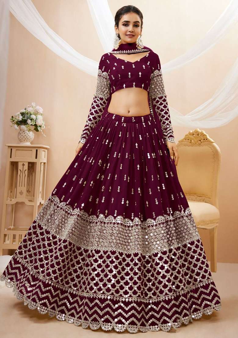 Wine Georgette Lehenga Set with Embroidered & Sequin for Diwali | Wedding & Festive Wear - Indya