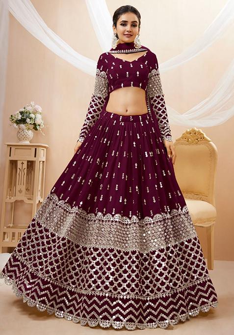 Wine Sequin Embroidered Georgette Lehenga Set