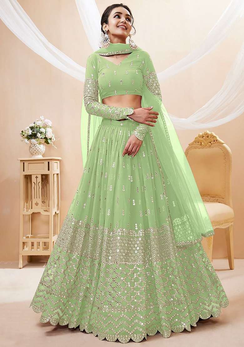 Green Georgette Lehenga Set with Embroidered & Sequin for Diwali | Wedding & Festive Wear - Indya