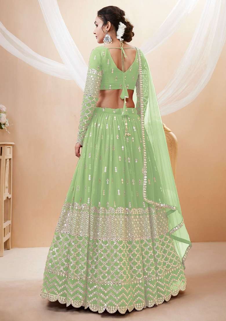 Green Georgette Lehenga Set with Embroidered & Sequin for Diwali | Wedding & Festive Wear - Indya