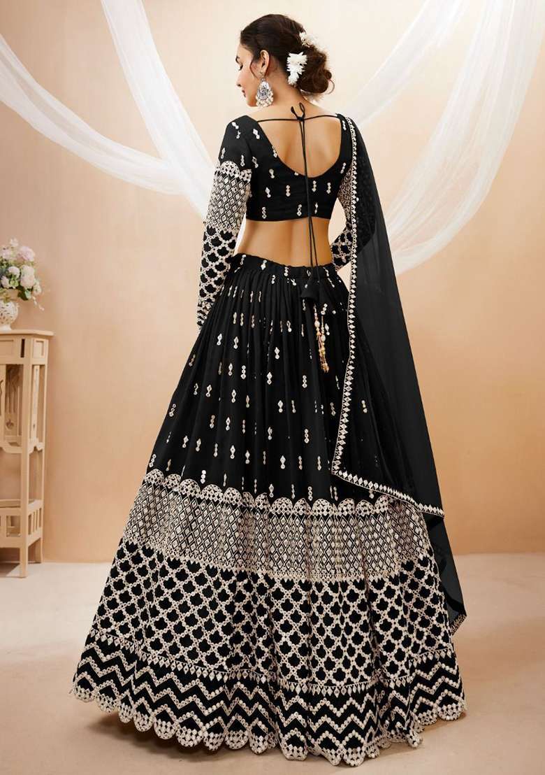 Black Zari Work Georgette Lehenga Set for Diwali and Festive Wear - Indya