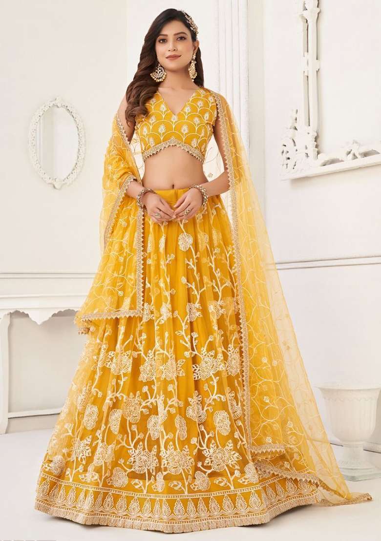 Yellow Embroidered Net Lehenga Set for Diwali and Festive Wear - Indya
