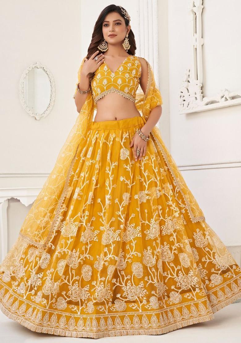 Yellow Embroidered Net Lehenga Set