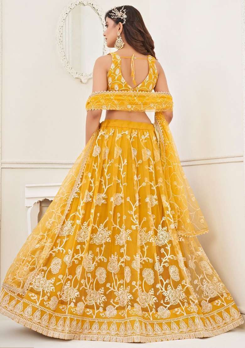 Yellow Embroidered Net Lehenga Set for Diwali and Festive Wear - Indya
