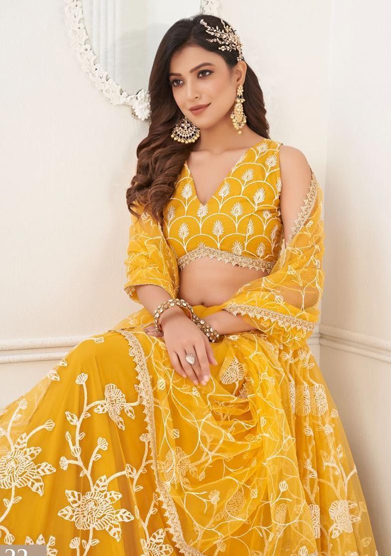 Yellow Embroidered Net Lehenga Set