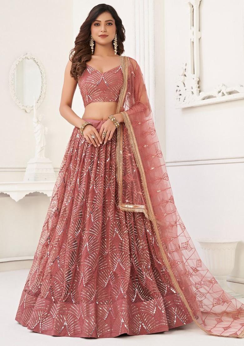 Pink Embroidered Net Lehenga Set