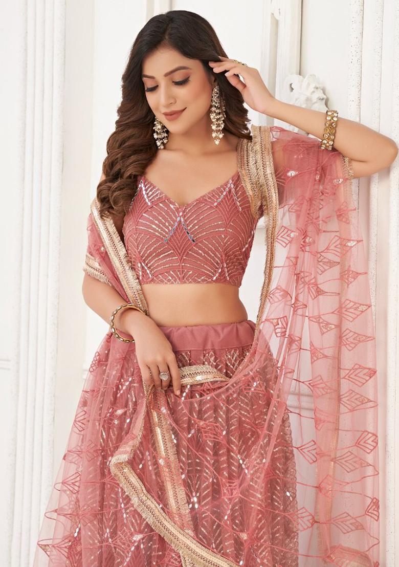 Pink Embroidered Net Lehenga Set
