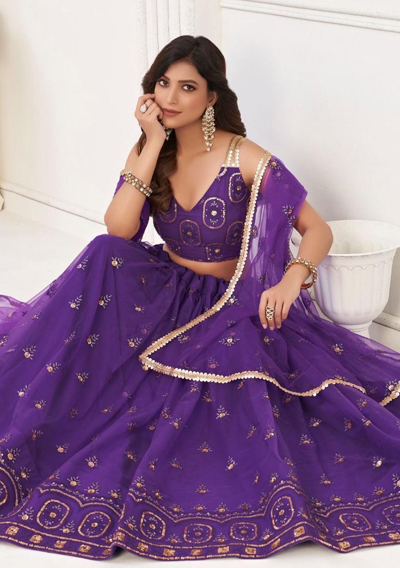 Purple Sequin Embroidered Net Lehenga Set
