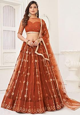 Brown Mirror Work Net Lehenga Set