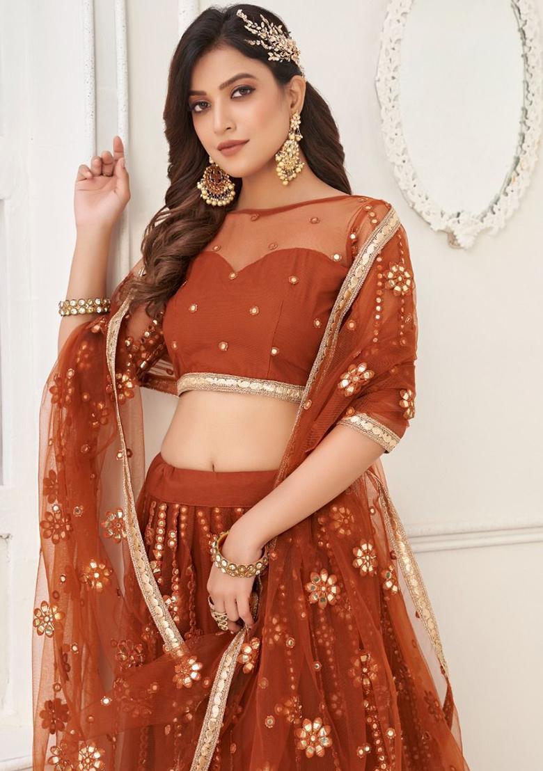 Brown Mirror Work Net Lehenga Set