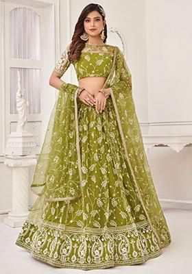 Green Embroidered Net Lehenga Set