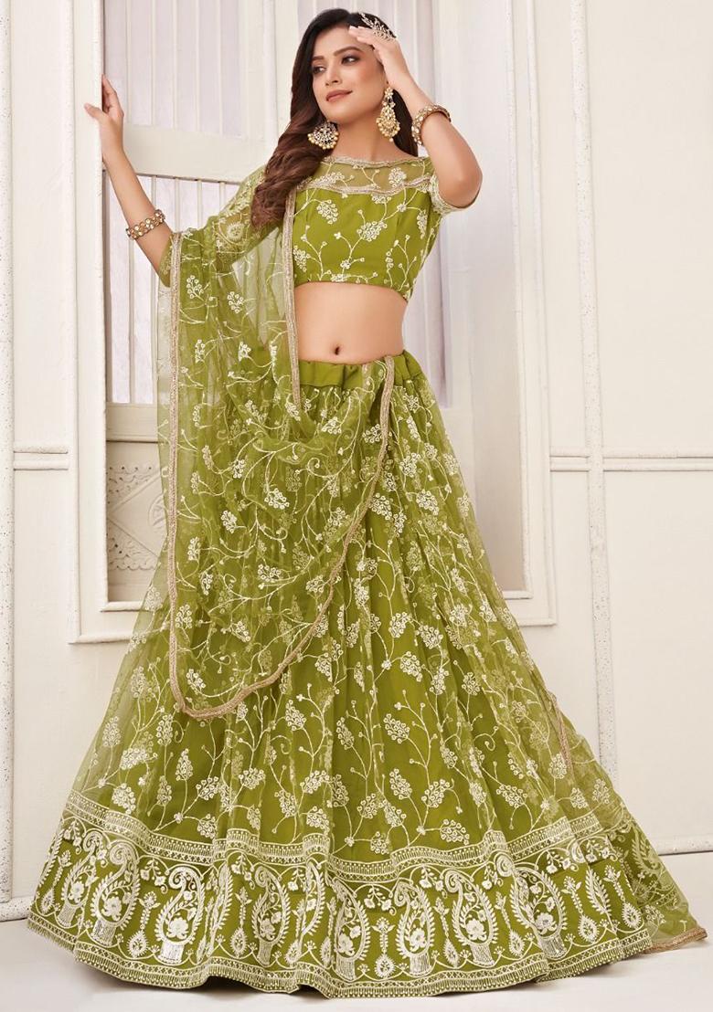 Green Embroidered Net Lehenga Set