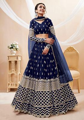 Navy Blue Embroidered Georgette Lehenga Set