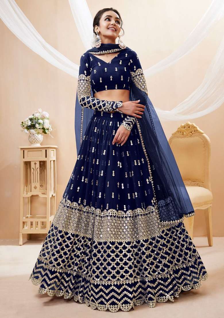 Navy Blue Georgette Lehenga Set with Embroidered for Diwali | Wedding & Festive Wear - Indya