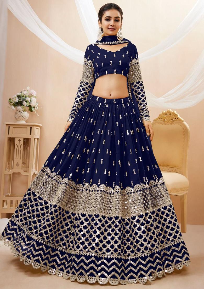 Navy Blue Embroidered Georgette Lehenga Set