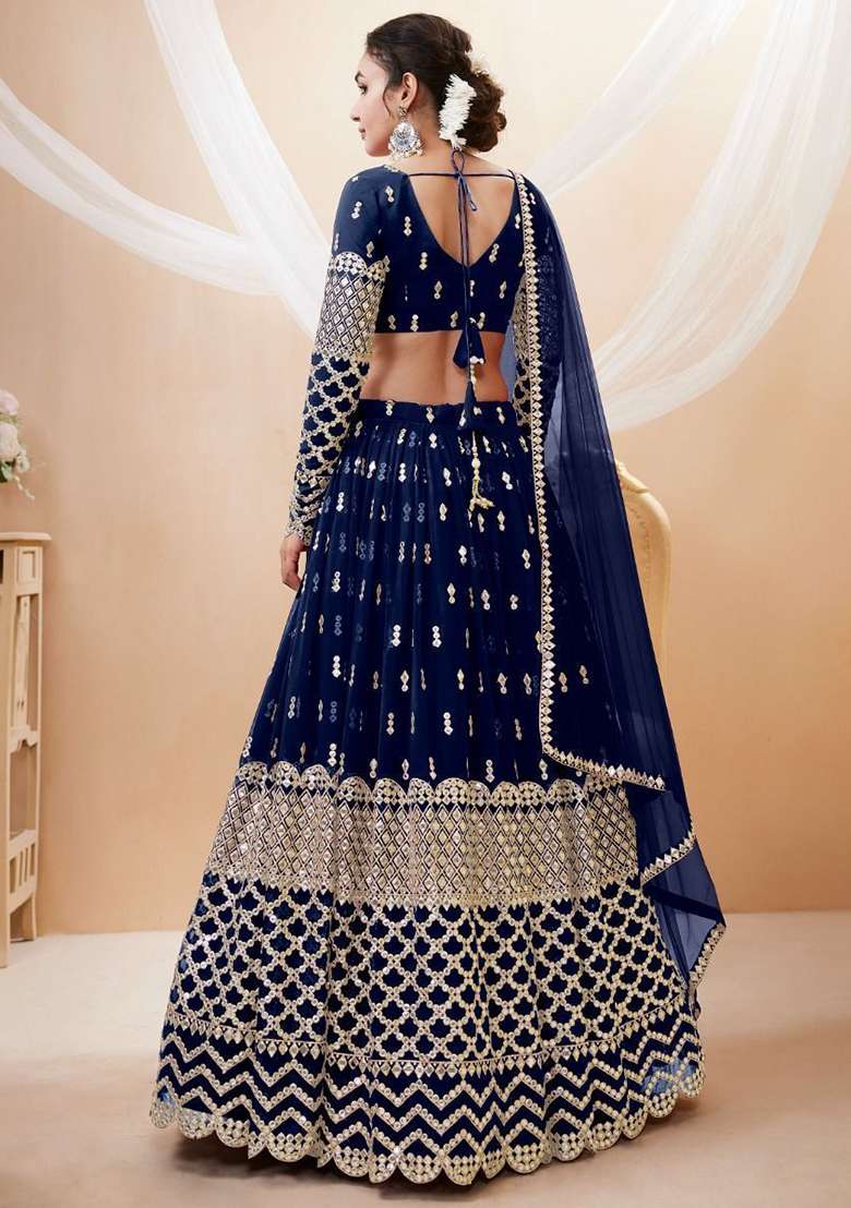 Navy Blue Georgette Lehenga Set with Embroidered for Diwali | Wedding & Festive Wear - Indya