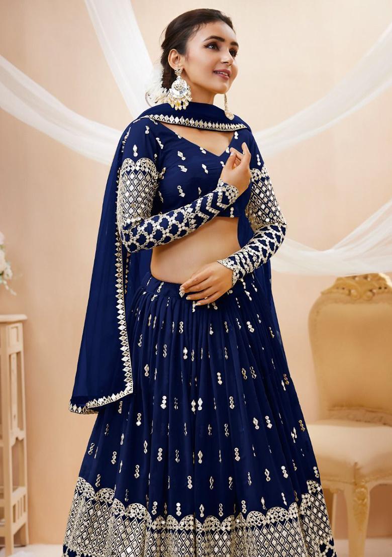 Navy Blue Embroidered Georgette Lehenga Set