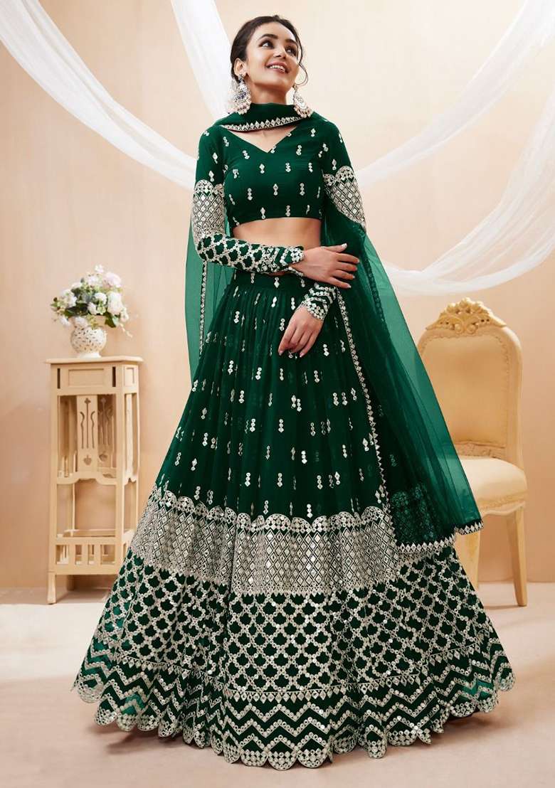 Green Sequin Embroidered Georgette Lehenga Set for Diwali and Festive Wear - Indya