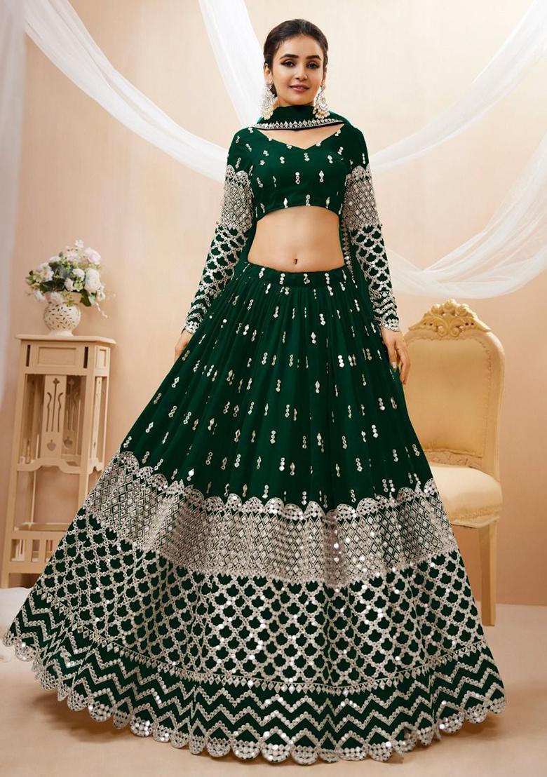 Green Sequin Embroidered Georgette Lehenga Set