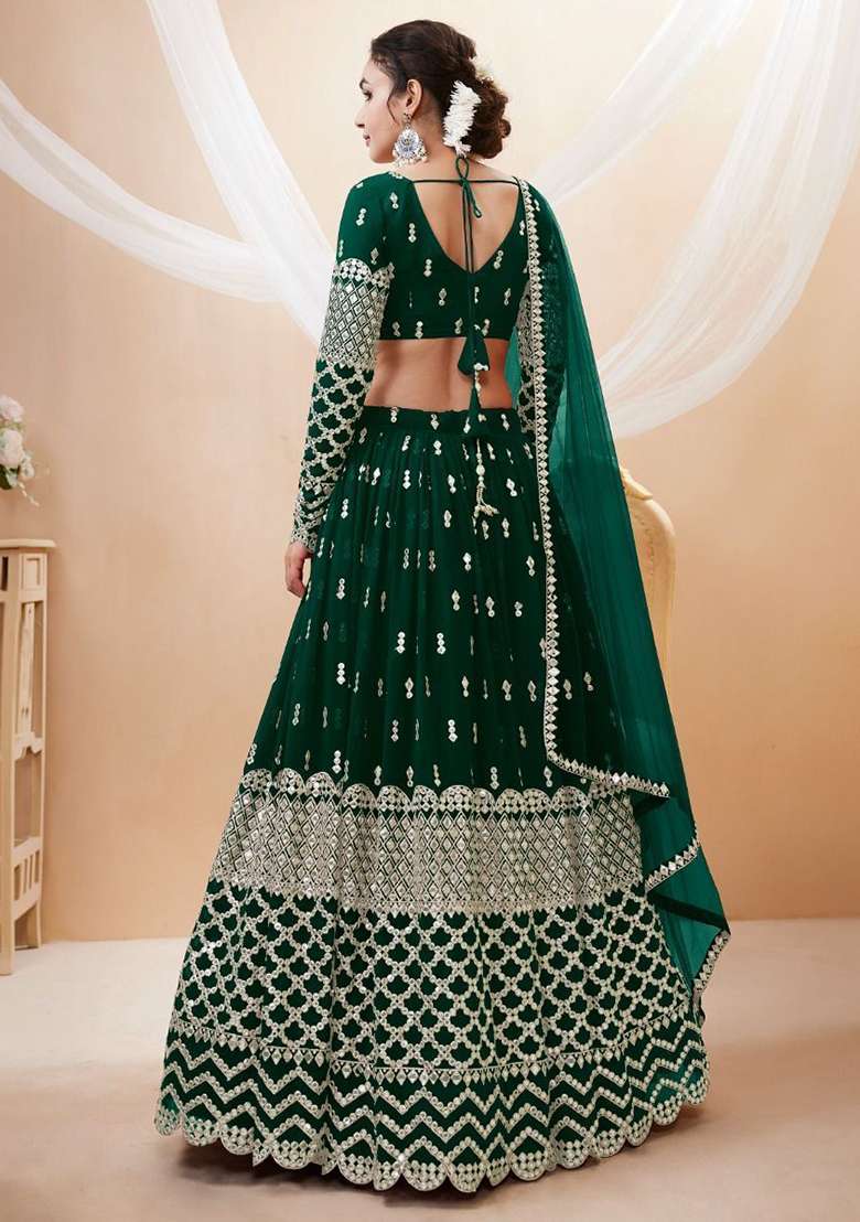 Green Sequin Embroidered Georgette Lehenga Set for Diwali and Festive Wear - Indya