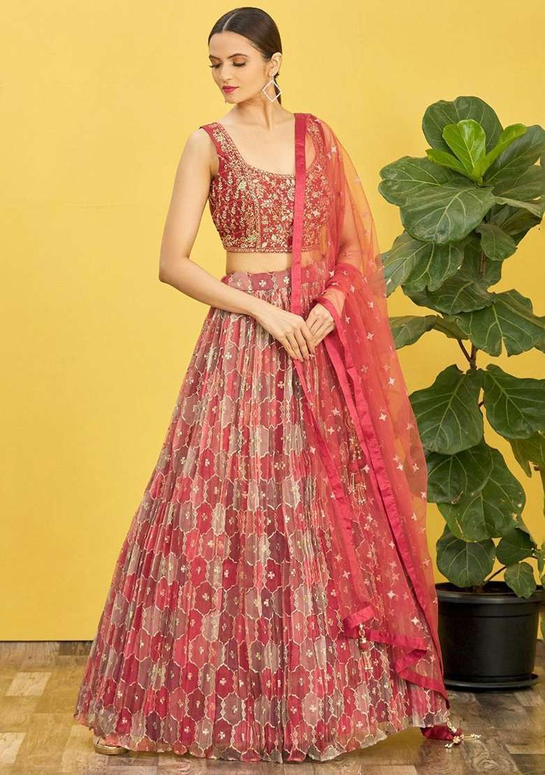 Brown Mirror Work Organza Lehenga Set for Diwali and Festive Wear - Indya