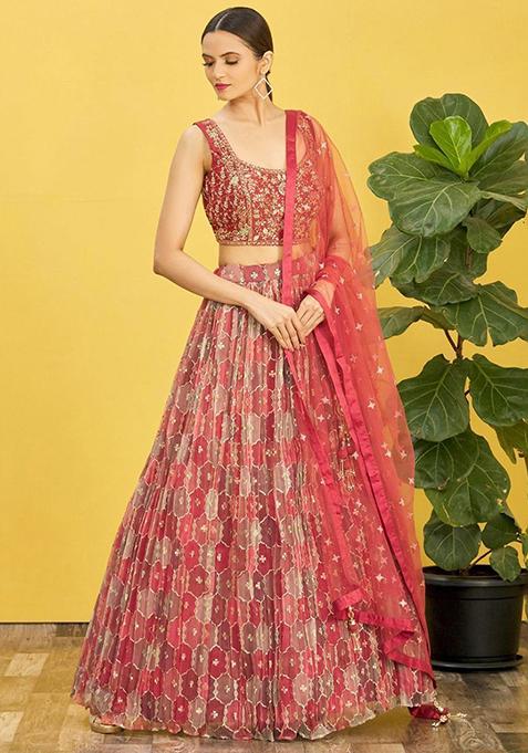 Brown Mirror Work Organza Lehenga Set