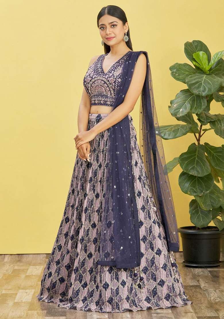 Blue Chinon Lehenga Set with Embroidered for Diwali | Wedding & Festive Wear - Indya