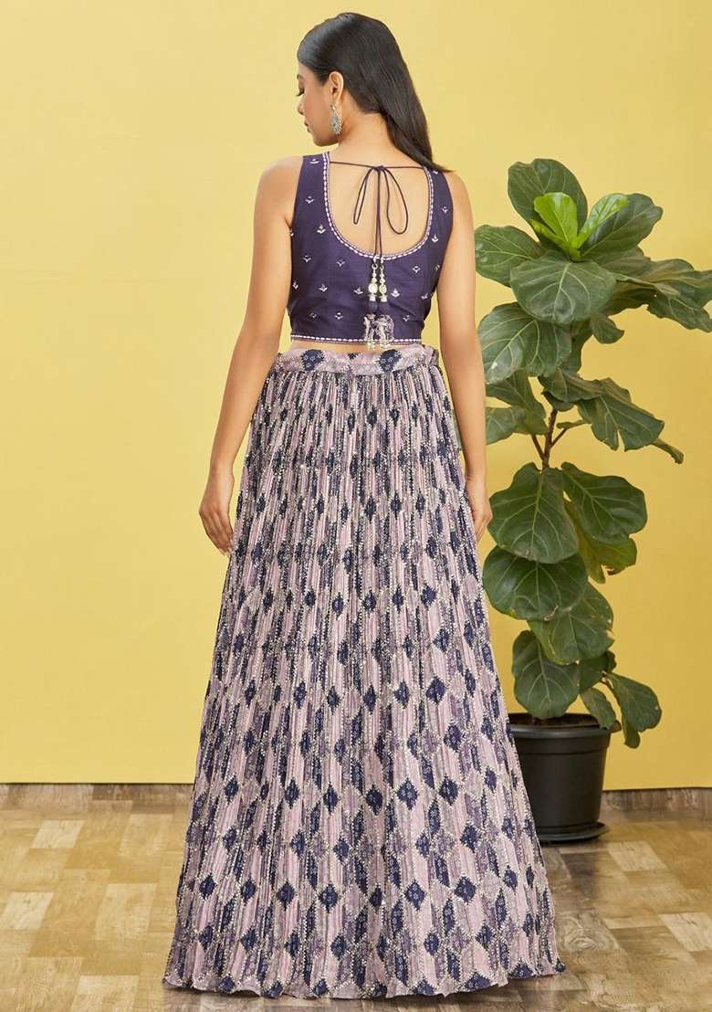 Blue Chinon Lehenga Set with Embroidered for Diwali | Wedding & Festive Wear - Indya