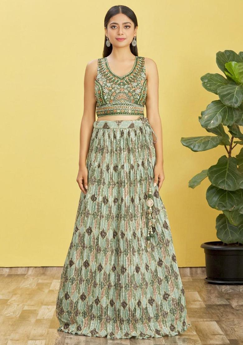 Green Embroidered Chinon Lehenga Set