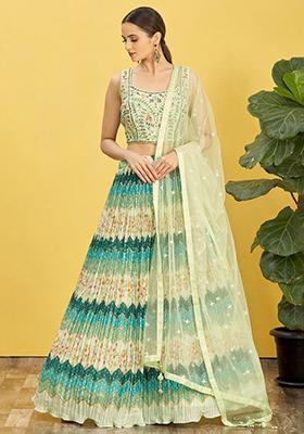 Green Mirror Work Chinon Lehenga Set