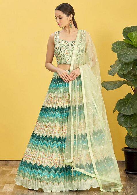 Green Mirror Work Chinon Lehenga Set