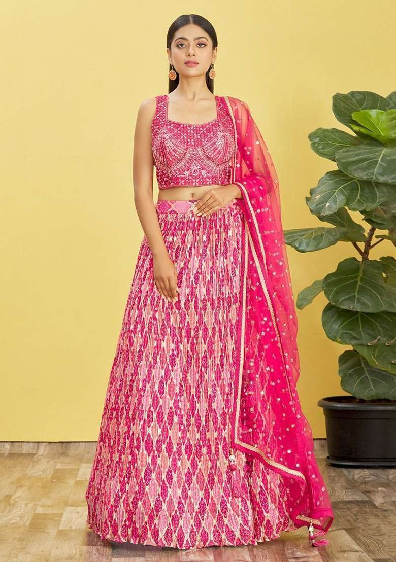 Pink Chinon Lehenga Set with Mirror Work for Diwali | Wedding & Festive Wear - Indya