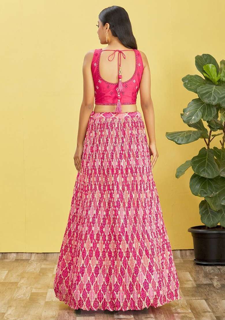 Pink Chinon Lehenga Set with Mirror Work for Diwali | Wedding & Festive Wear - Indya