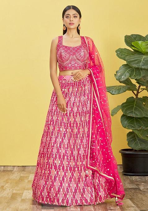 Pink Mirror Work Chinon Lehenga Set